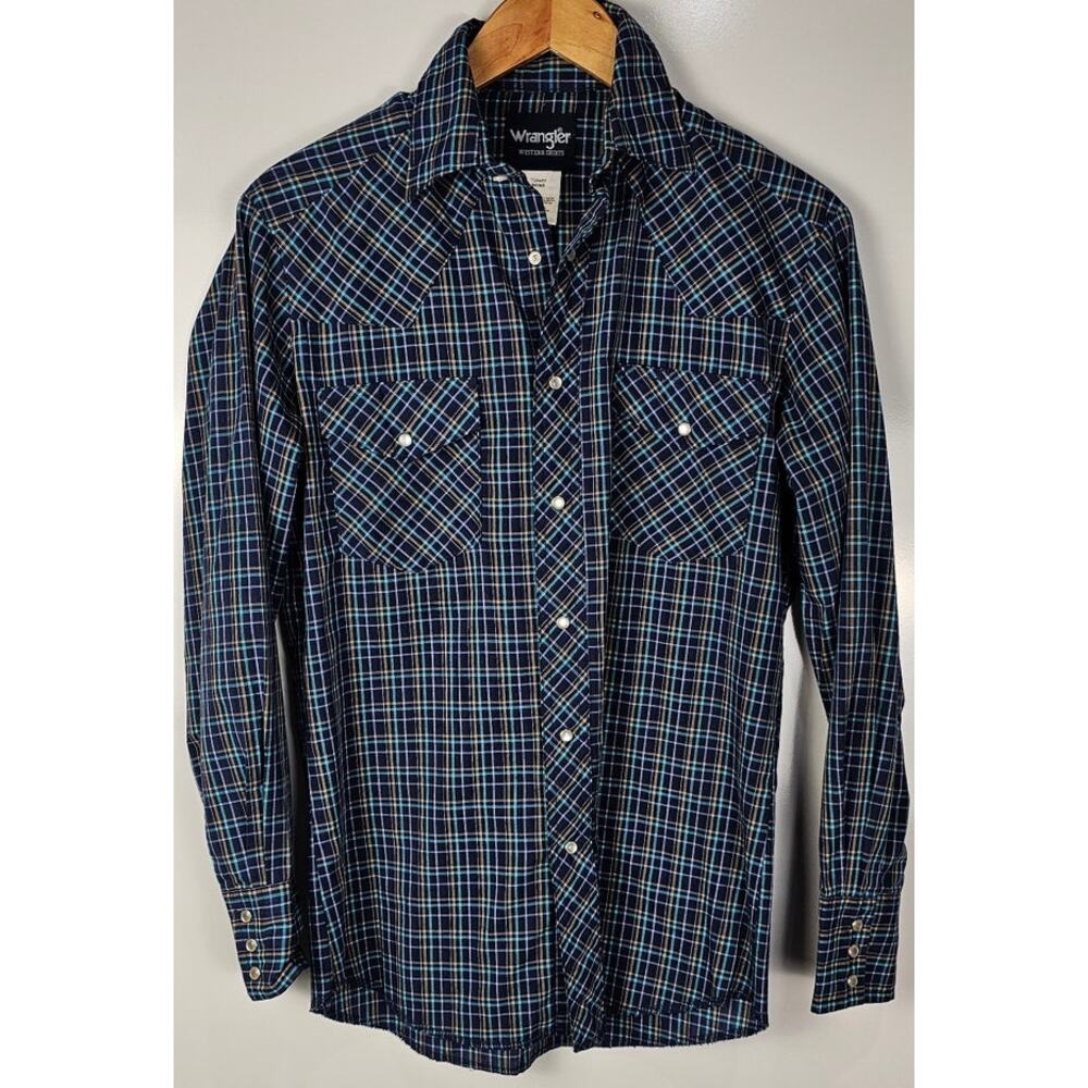 Wrangler pearl snap plaid shirt long sleeve mens size S western cowboy